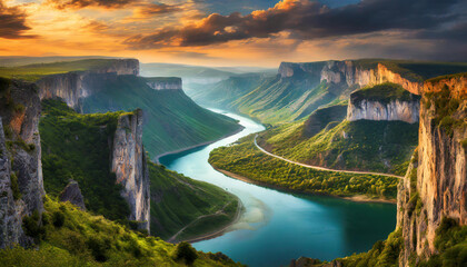 Wonderful landscape with river flowing through gorge. Natural scenery, green meadows and mountains.