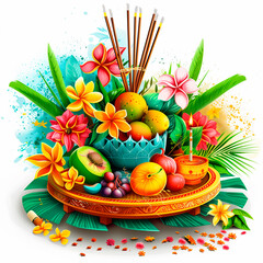 Happy gyri's dimensional text with flower background, happy vishu wallpaper vector illustration of colorful fruit plate and incense sticks on white backgro