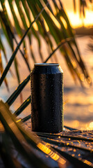 A black beer can rests on a palm tree leaf overlooking the stunning Australian beaches, with the sun setting in the background and vibrant blue water. The image captures condensation forming 