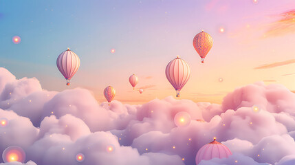 Obraz premium Sunset Soar Whimsical hot air balloons rise into a dreamy cotton-candy sky, hearts adrift on the gentle breath of evening.