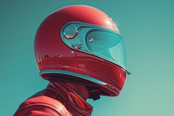 Sleek motorcycle helmet clear sky background vibrant red minimal clutter side perspective