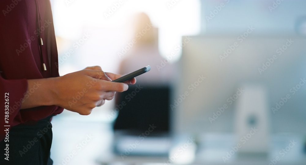 Poster Communication, hands and phone with business person in office for text message or networking. App, mobile and social media with employee typing email closeup in workplace for contact or feedback