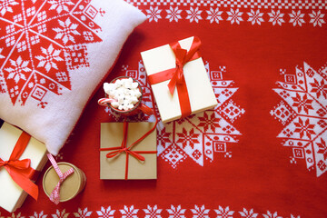 Christmas red and white background with gifts