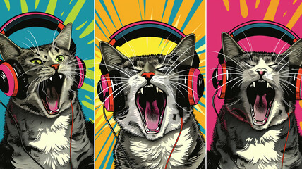 Wow pop art Cute cat in thin headphones joyfully shouts. Colorful background in pop art retro comic style.