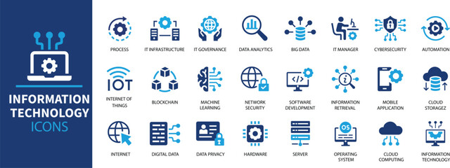Information Technology icon set. Containing cloud computing, IT manager, big data, data analytics, internet, network security and more. Solid vector icons ... 