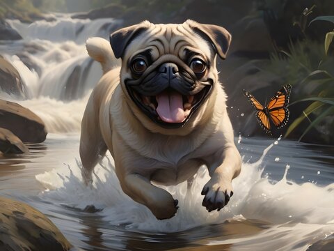 a painting of muddy pug dog, running through a stream, looking, chasing a butterfly,