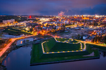 Bison bastion, 17th-century fortifications of Gdańsk illuminated at night. Poland