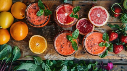 A refreshing arrangement of fruit smoothies and citrus slices, inviting a focus on healthy, vibrant living, ideal for wellness blogs, juice bar menus, or nutrition campaigns