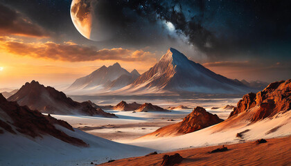 Wonderful distant Martian landscape. Amazing rocks and sands. Planet Mart.