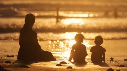 Silhouette of mother and children enjoying a serene sunset on the beach, perfect for family bonding posters.