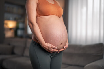 A close-up shot of a pregnant woman holding her stomach and standing in the living room - obrazy, fototapety, plakaty
