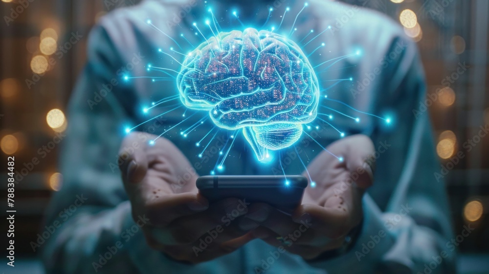 Poster digital technology concept man holding smartphone with brainlike image in front of dark background