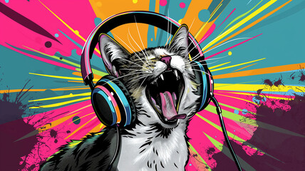 Wow pop art Cute cat in thin headphones joyfully shouts. Colorful background in pop art retro comic style.