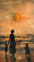 Stylized sunset beach scene with family. Great for book covers, album artwork, and creative storytelling