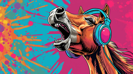 Wow pop art Cute horse in thin headphones joyfully shouts. Colorful background in pop art retro comic style.