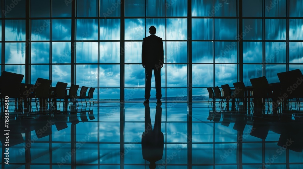 Aufkleber a man stands in front of a large window, looking out at the cloudy sky. the scene is set in a large 