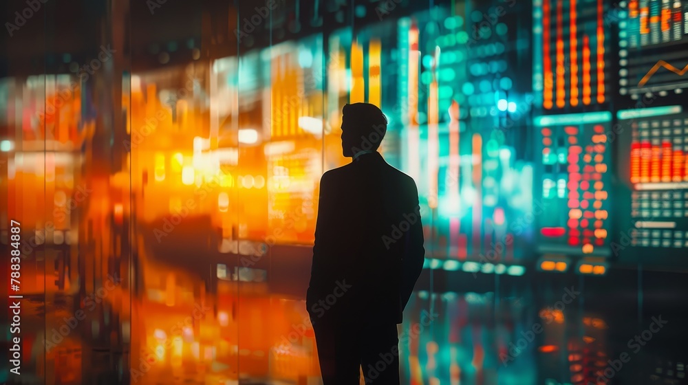 Poster a man stands in front of a building with a large screen displaying stock market information. the man