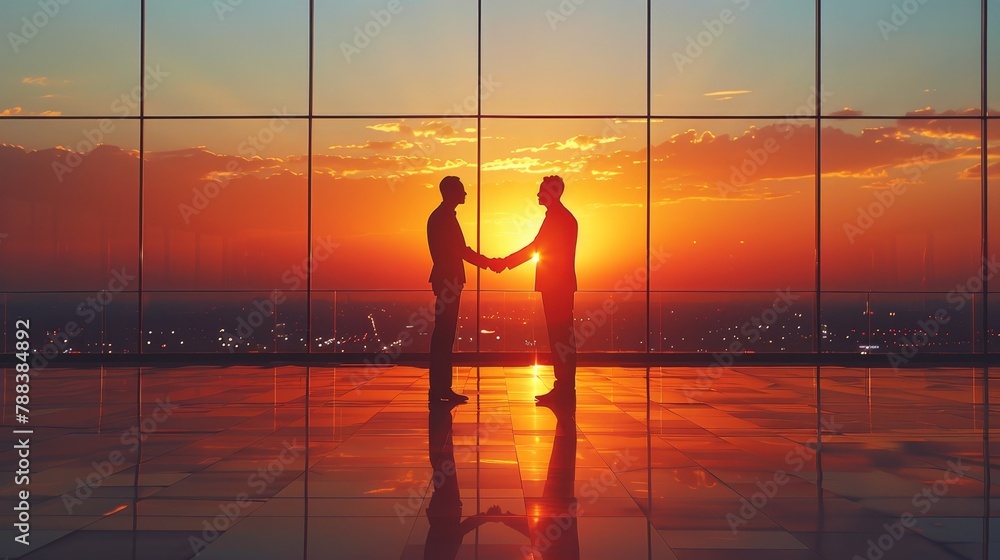 Poster two men shake hands in front of a window with a sunset in the background. scene is professional and 