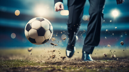A business executive in a sharp suit takes a dynamic kick at a soccer ball, a metaphor for...