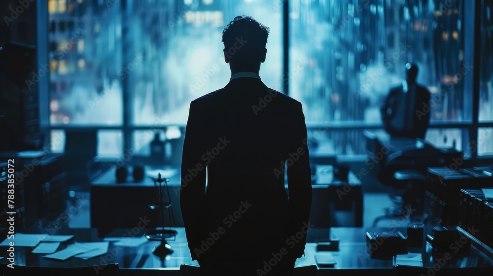 Poster a man in a suit is standing in front of a window in a dark room. the room is filled with papers and 