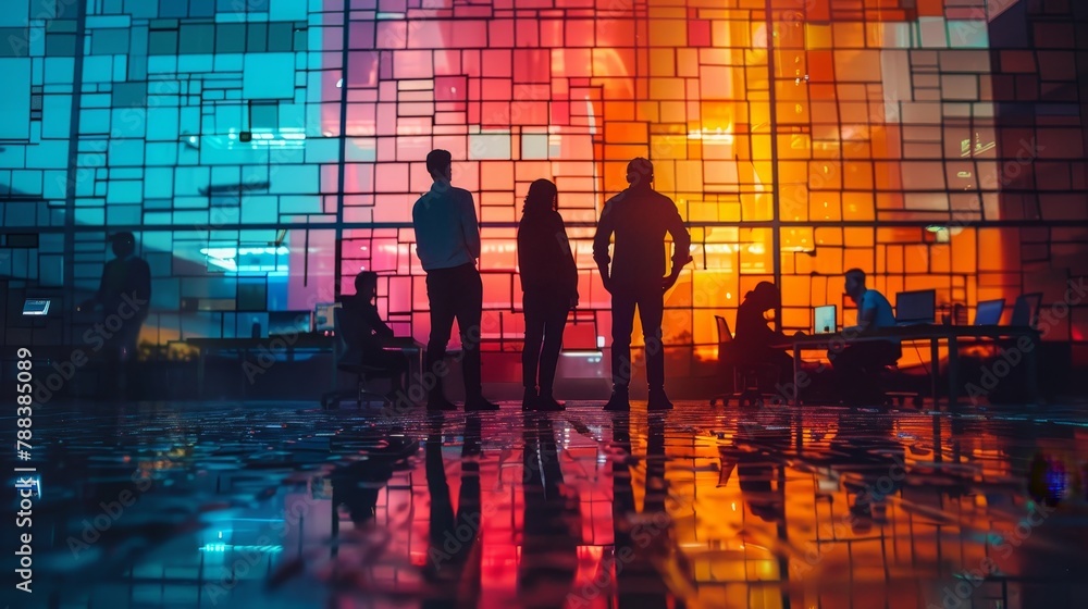 Poster a group of people standing in front of a colorful building. the people are looking at the building a