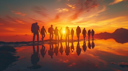 A group of people are standing on a beach at sunset. The sun is setting and the sky is orange. The group is wearing backpacks and hiking gear - obrazy, fototapety, plakaty