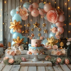 A beautiful birthday party with a cake, balloons, and flowers.