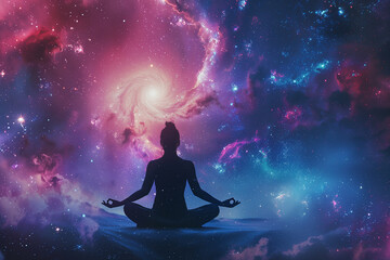 Fototapeta na wymiar double exposure of the serene lotus pose meditation juxtaposed against the cosmic beauty of a nebula galaxy background, merging earthly tranquility with celestial grandeur in a vis