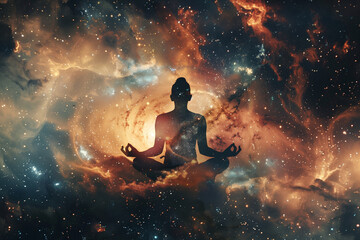Naklejka premium double exposure photograph capturing the fusion of human and cosmic energies as the lotus pose meditation intertwines with the nebula galaxy background, creating a visually captiva