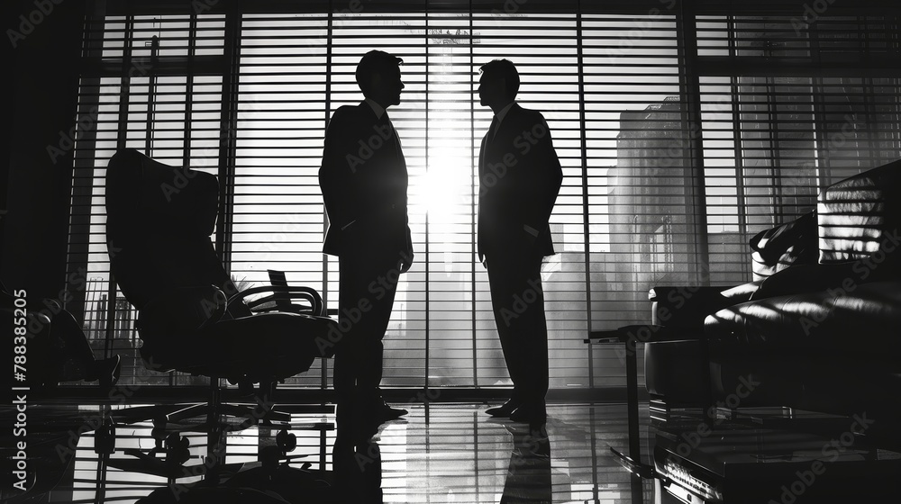 Poster two men are standing in front of a window, one of them is wearing a suit. the room has a modern desi