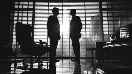 Two men are standing in front of a window, one of them is wearing a suit. The room has a modern design with a black and white color scheme