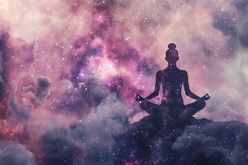 Obraz na płótnie Canvas double exposure photograph blending the grace and tranquility of the lotus pose meditation with the awe-inspiring beauty of a nebula galaxy background, creating a mesmerizing and s