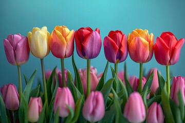 Colorful tulips in row vibrant clear sky minimal design detailed textures straighton angle