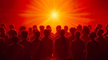 A group of people are gathered together in a large crowd, with a bright sun shining down on them. Scene is one of unity and togetherness, as the people are all gathered in the same place