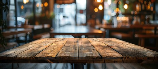 Choose an unoccupied brown wooden table as the primary subject with the background blurred to feature a coffee shop or restaurant setting for your photo composition or product showcase. - obrazy, fototapety, plakaty