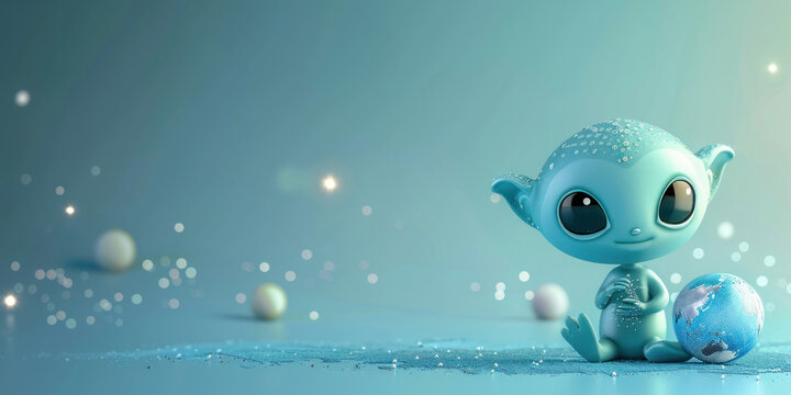 Adorable Blue Alien with Big Eyes Sitting on Ground Playing with Ball in Front of It