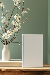 mockup, wood desk, blank book cover, and book cover next to or in front of the spring flower.