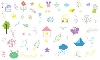 Hand-drawn colored set of simple decorative elements. Various icons such as hearts, stars, speech bubbles, arrows, and lines are isolated on a white background.