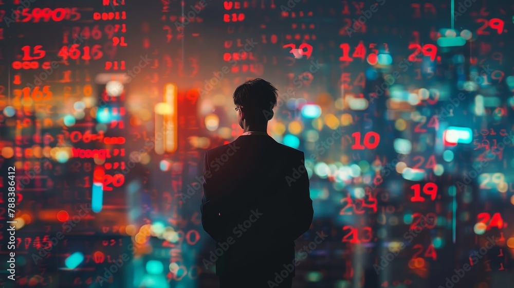 Poster a man stands in front of a city skyline with a computer screen behind him. the screen is filled with