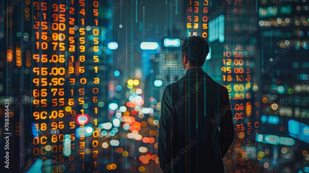 Poster a man stands in front of a city skyline with a large number of numbers on the buildings. the numbers