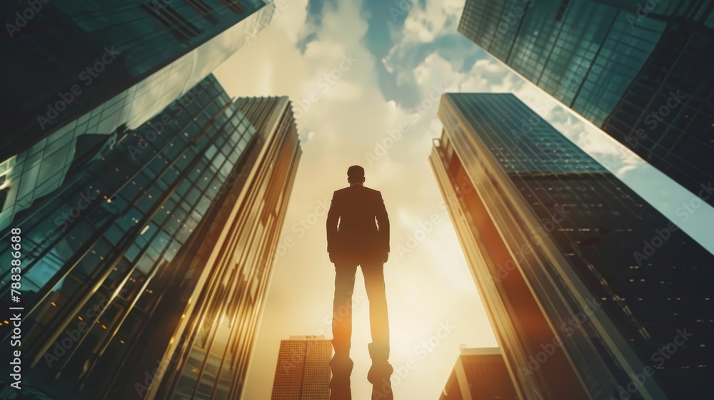 Poster a man stands in the middle of a city, looking up at the sky. the buildings around him are tall and i