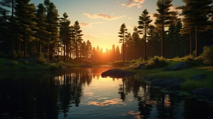 Golden Hour Landscape, Reflection of Pine Trees in a River, Green Forest Silhouette Against a Sunset Background