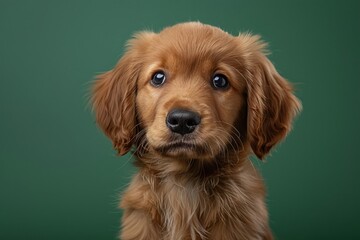 Golden retriever puppy clear soft green background vibrant warmth minimal distractions eye level