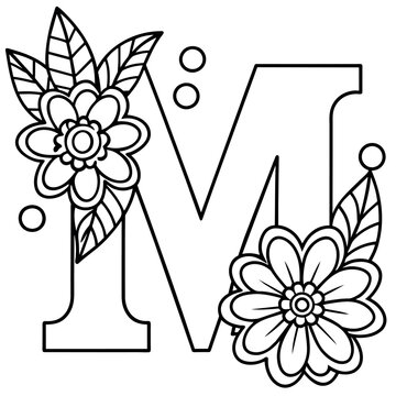 Alphabet M coloring page with the flower, M letter digital outline floral coloring page, ABC coloring page
