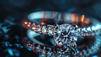 Fototapeta na wymiar Sparkling diamond ring jet black background vibrant sparkle minimal design closeup