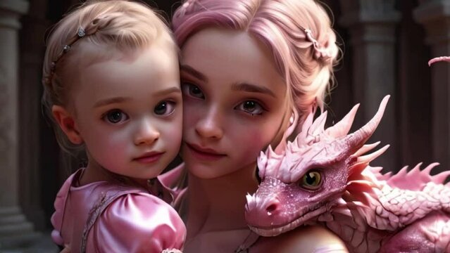 girl shimmering dress pink holding baby dragon