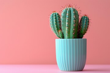 Green cactus in pot vibrant pink background minimal shadows clear details straighton view