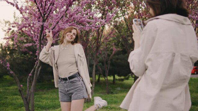 two beautiful young women taking pictures of each other on a smartphone against the background of pink blossoming cherry or sakura trees. Girls laugh, rejoice and make faces at the camera