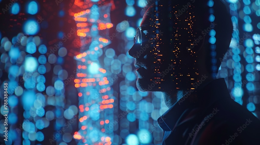 Poster a man is standing in front of a wall of glowing lights. the lights are in different colors and patte