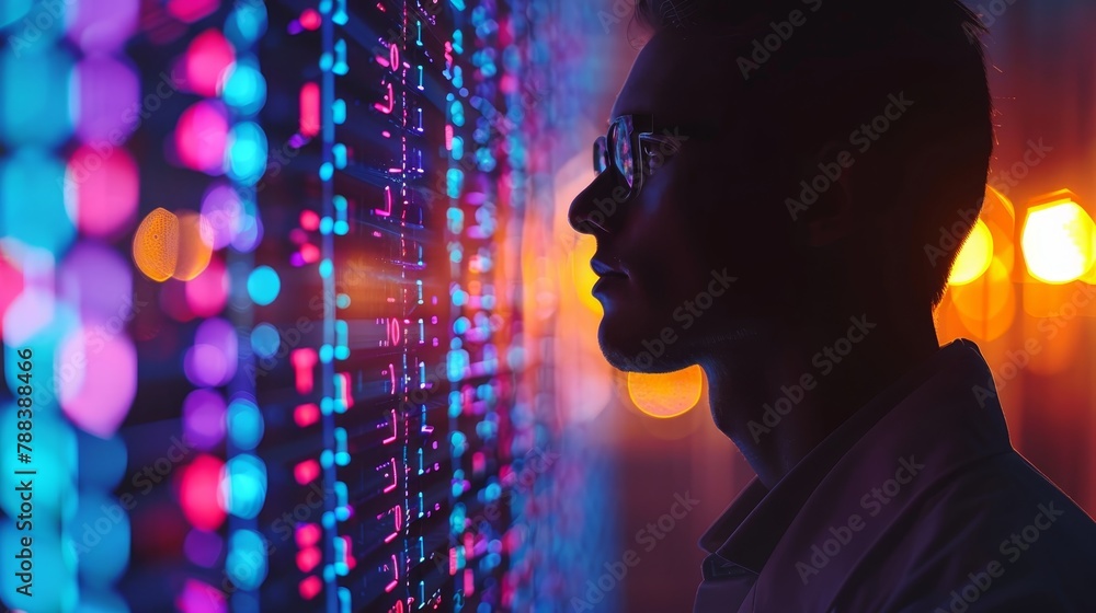 Aufkleber a man is looking at a computer screen with a lot of colorful lines and dots. concept of technology a